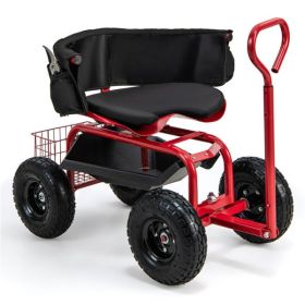Garden Cart Height Adjustable Scooter with Swivel Seat & Tool Storage Red Garden Cart Height Adjustable Scooter with Swivel Seat & Tool Storage Red